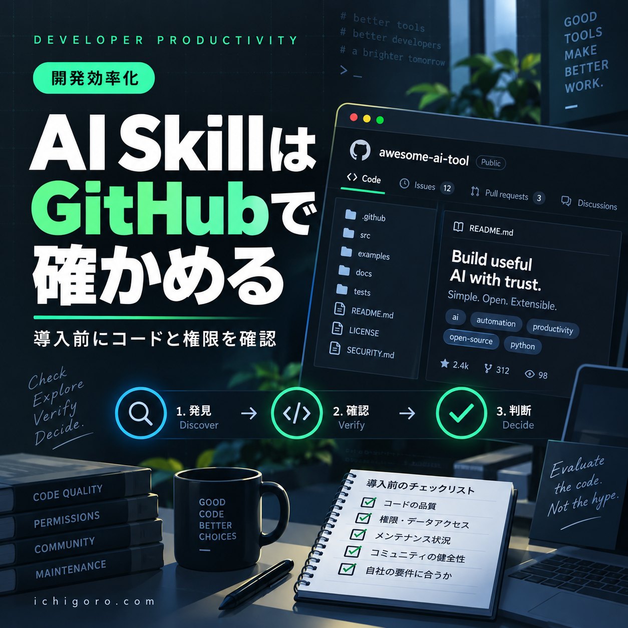 見つけたAI SkillをGitHubでレビューしてから導入する流れ（AI生成の説明用イメージ。実際のアプリ画面ではありません）