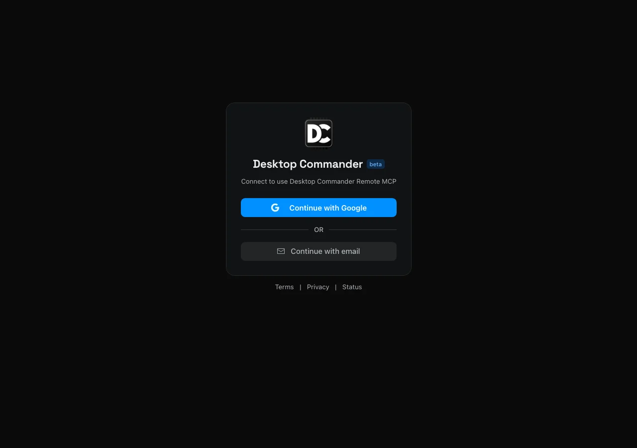 Remote Desktop Commanderの公開ログイン画面。Googleまたはメールでサインインする