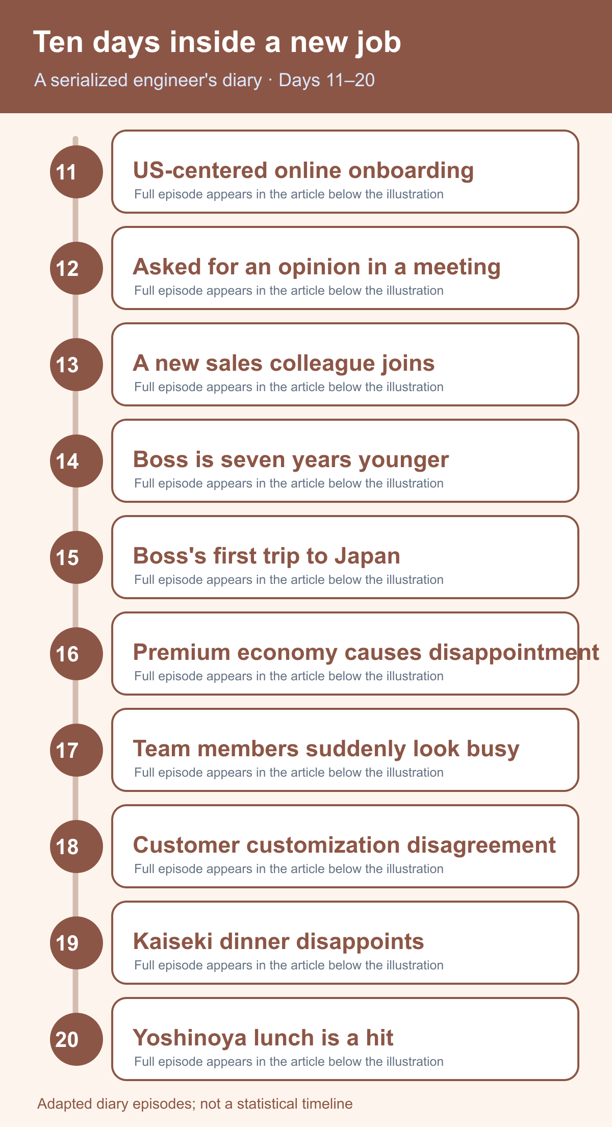 Timeline of days 11–20: team culture and the visiting manager