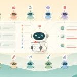 統括Botを中心に、役割アイコンを持つ12体の小さなBotが線でつながり、背後に3列のダッシュボードとタイムラインが描かれたイラスト