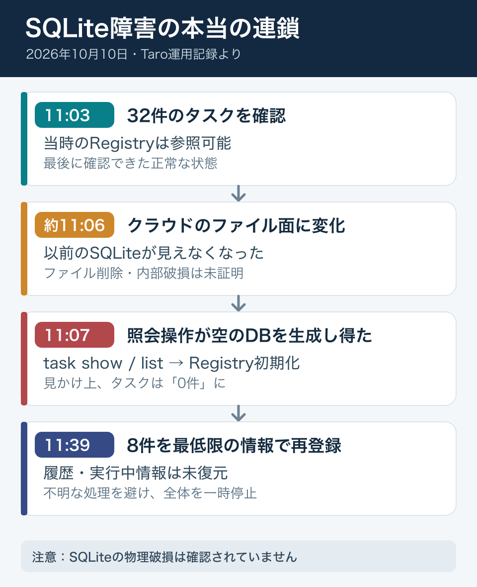 11時03分に32件を確認し、11時07分に空のDBを作成し得る照会が行われ、11時39分に8件の最低限のタスク情報を復旧した時系列図